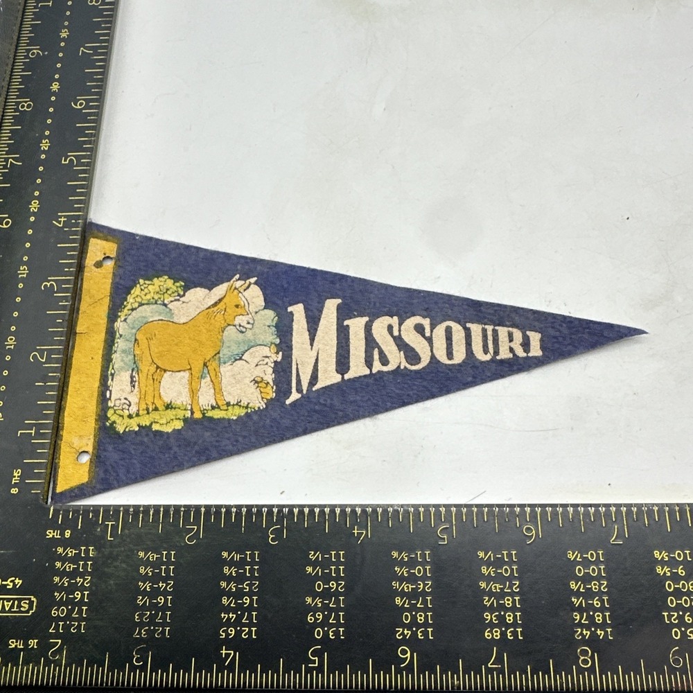 Missouri, Donkey, Small Blue Felt Souvenir Pennant 8" 1950's USA State Vintage